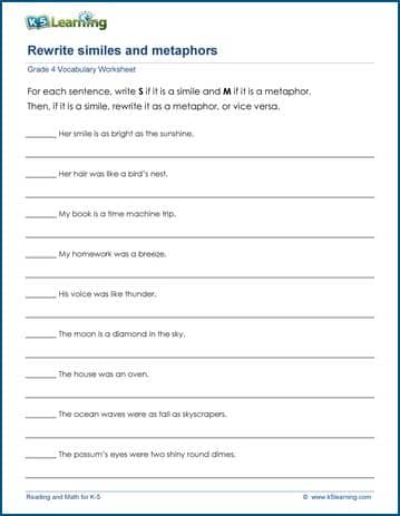 Grade 4 Vocabulary Worksheet metaphors