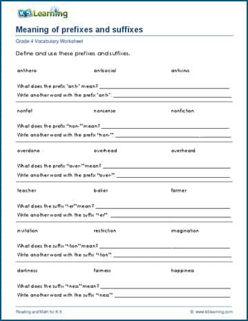 Grade 4 vocabulary worksheet - prefix suffix words