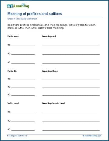 Prefix and suffix worksheet 5th grade