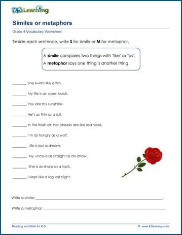 Similes and metaphors worksheets K5 Learning