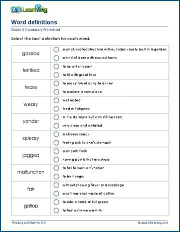 grade 4 vocabulary worksheets printable and organized by