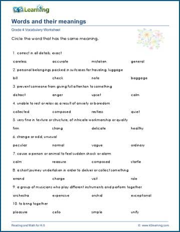 Grade 4 Vocabulary Worksheet Words And Their Meanings K5 Learning 15 ...