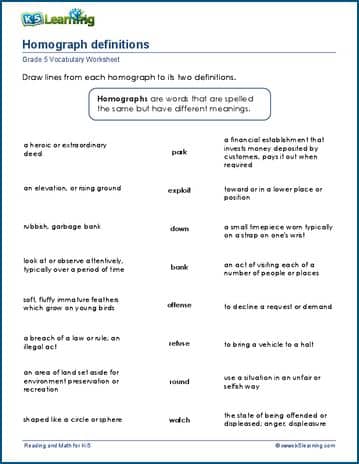 homograph definitions worksheets k5 learning