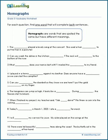 Homographs For Grade 5 K5 Learning