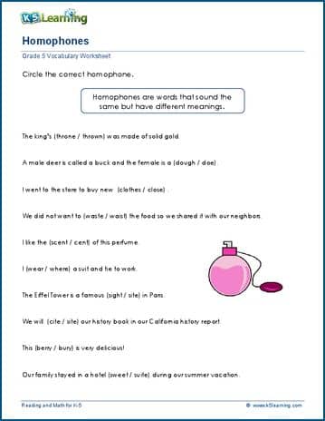 Grade 5 Vocabulary Worksheet homophones