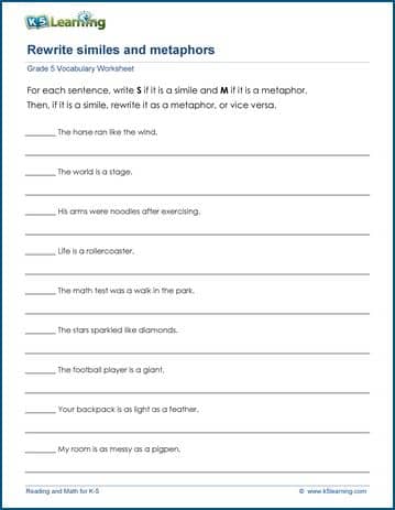 metaphors worksheets for grade 5 k5 learning