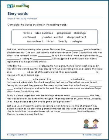 worksheets math grade k5 1 paragraphs vocabulary  worksheets grade 5 complete K5