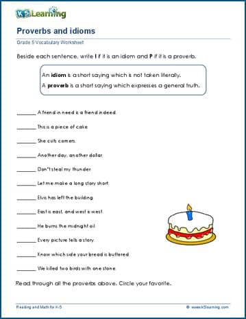 5 idiom grade for worksheet vocabulary   and proverbs  5 K5 idioms worksheets grade