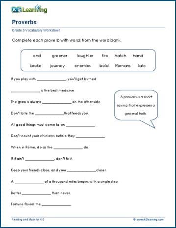 Grade 5 Vocabulary Worksheet proverbs