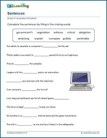 sentences worksheets for grade 5 k5 learning