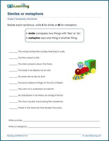 similes or metaphors worksheets k5 learning