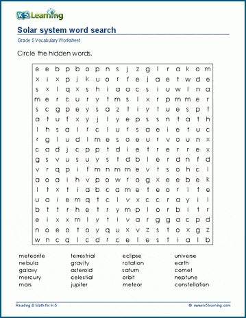 solar system vocabulary list