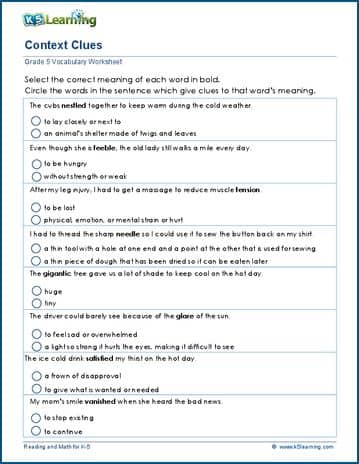 Grade 5 context clues worksheets