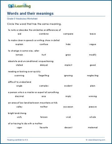 pdf 5 english worksheets grade Learning K5 5  English meaning   grade words  of worksheets