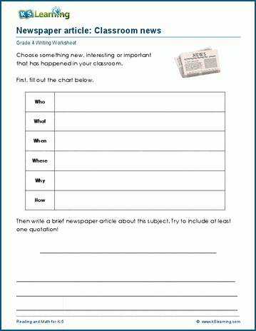 Grade 4 writing newspaper articles worksheet