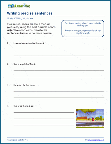 Grammar worksheet on writing precise sentences